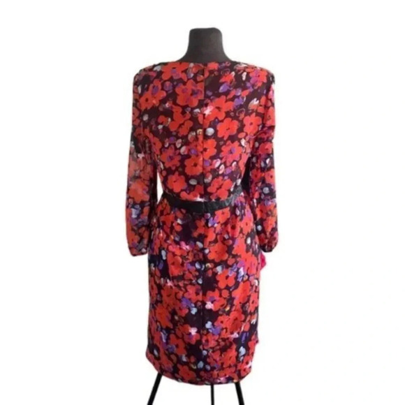 W118 Walter Baker Red Floral Print Sheath Dress Black Leather Waist Band - Picture 2 of 6